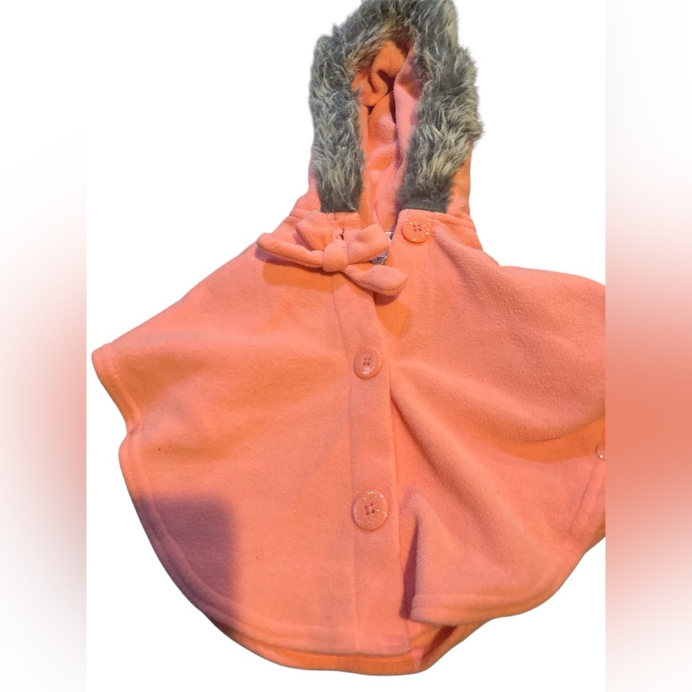 Little Lass Peach Buttoned Cape with Faux Fur Trim